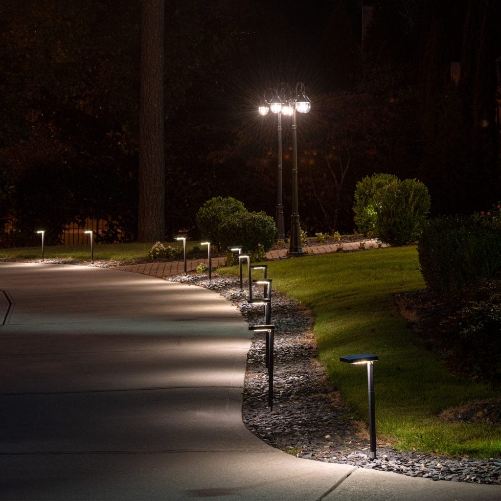 Contemporary Square Solar Pathway Light | Landscape light. Modern design, durable Cast Aluminum frame - dusk application image 3