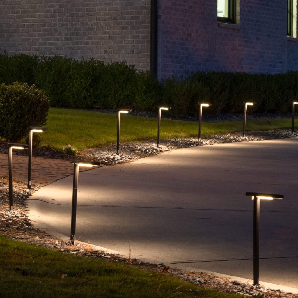 Contemporary Square Solar Pathway Light | Landscape light. Modern design, durable Cast Aluminum frame - dusk application image 2
