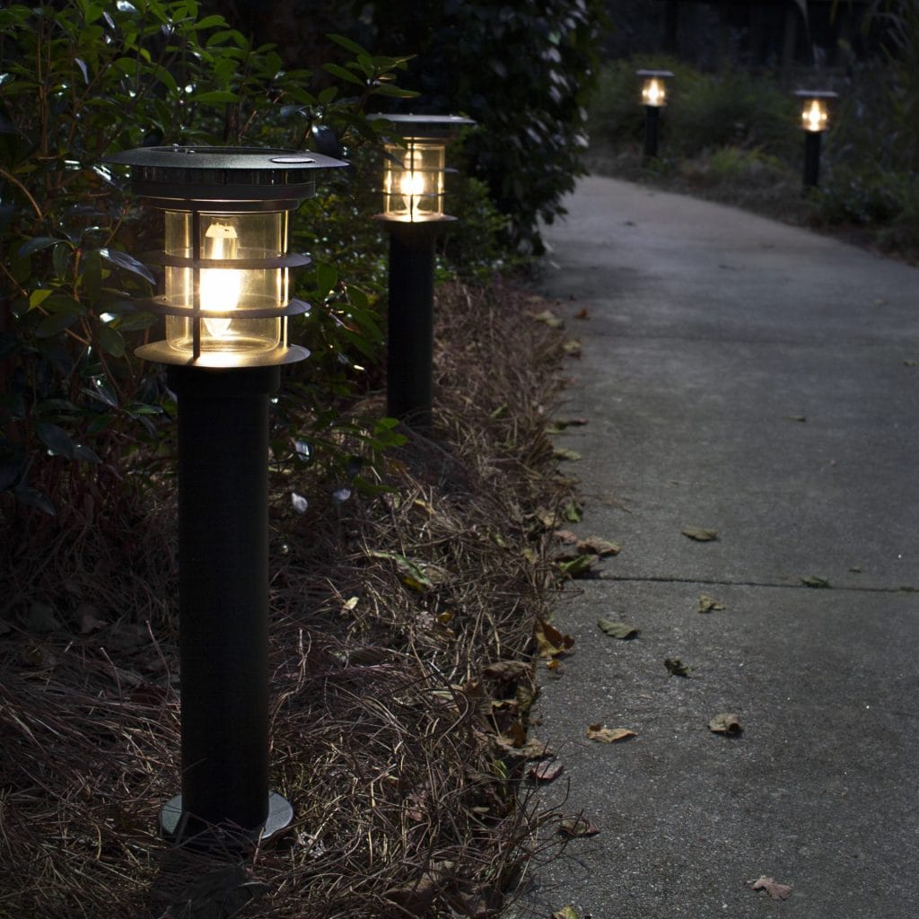 Stainless Steel Black Bollard Solar Pathway Light / solar landscape light - Dusk image 2