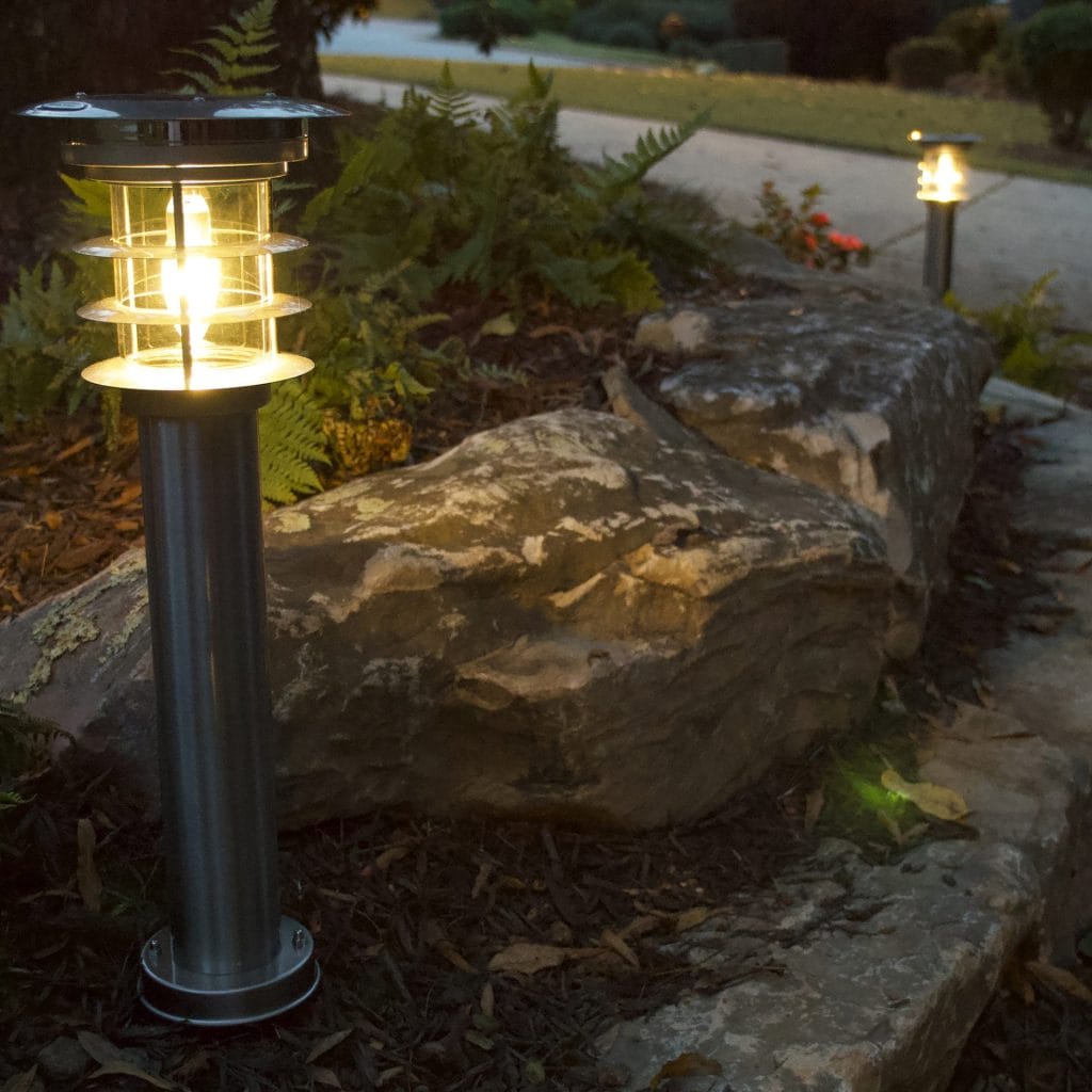 Stainless Steel Black Bollard Solar Pathway Light / solar landscape light - Dusk image 1