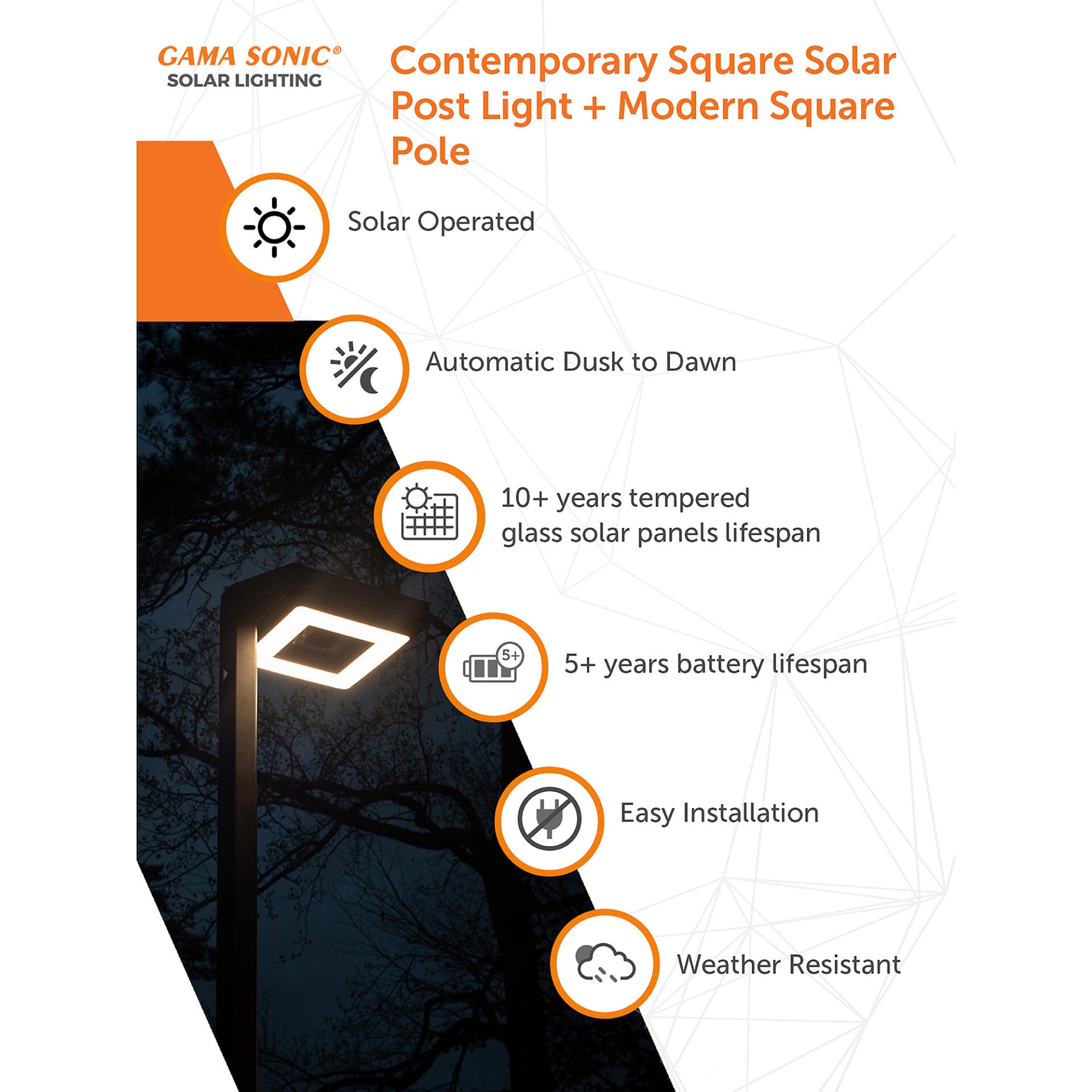 Gama Sonic contemporary solar lamp post illuminating modern walkway