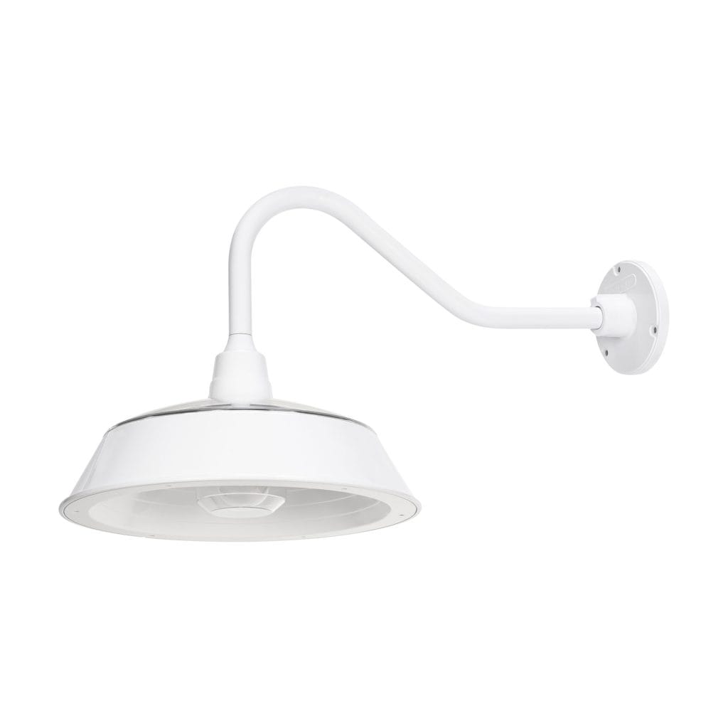 Close-up of Gama Sonic gooseneck solar barn light with integrated solar panel.