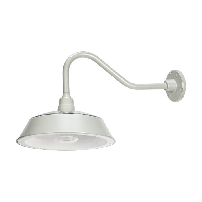 Close-up of Gama Sonic gooseneck solar barn light with integrated solar panel.