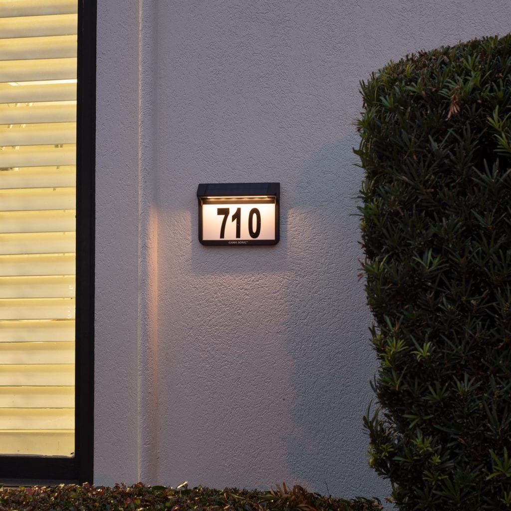 Solar Address Sign. Wall and Stake Mounting Options with Bright White and Warm White options. dusk application image - 2