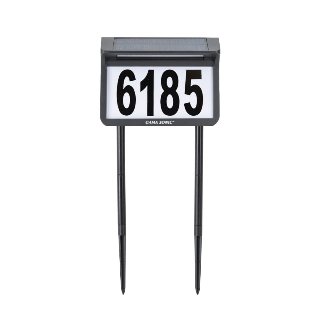 Solar Address Sign. Wall and Stake Mounting Options with Bright White and Warm White options. Studio image showing stake mounting option 2