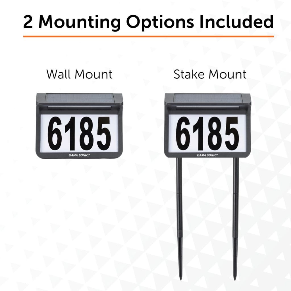 Solar Address Sign. Wall and Stake Mounting Options with Bright White and Warm White options. infographic showing both stake and wall mounting options