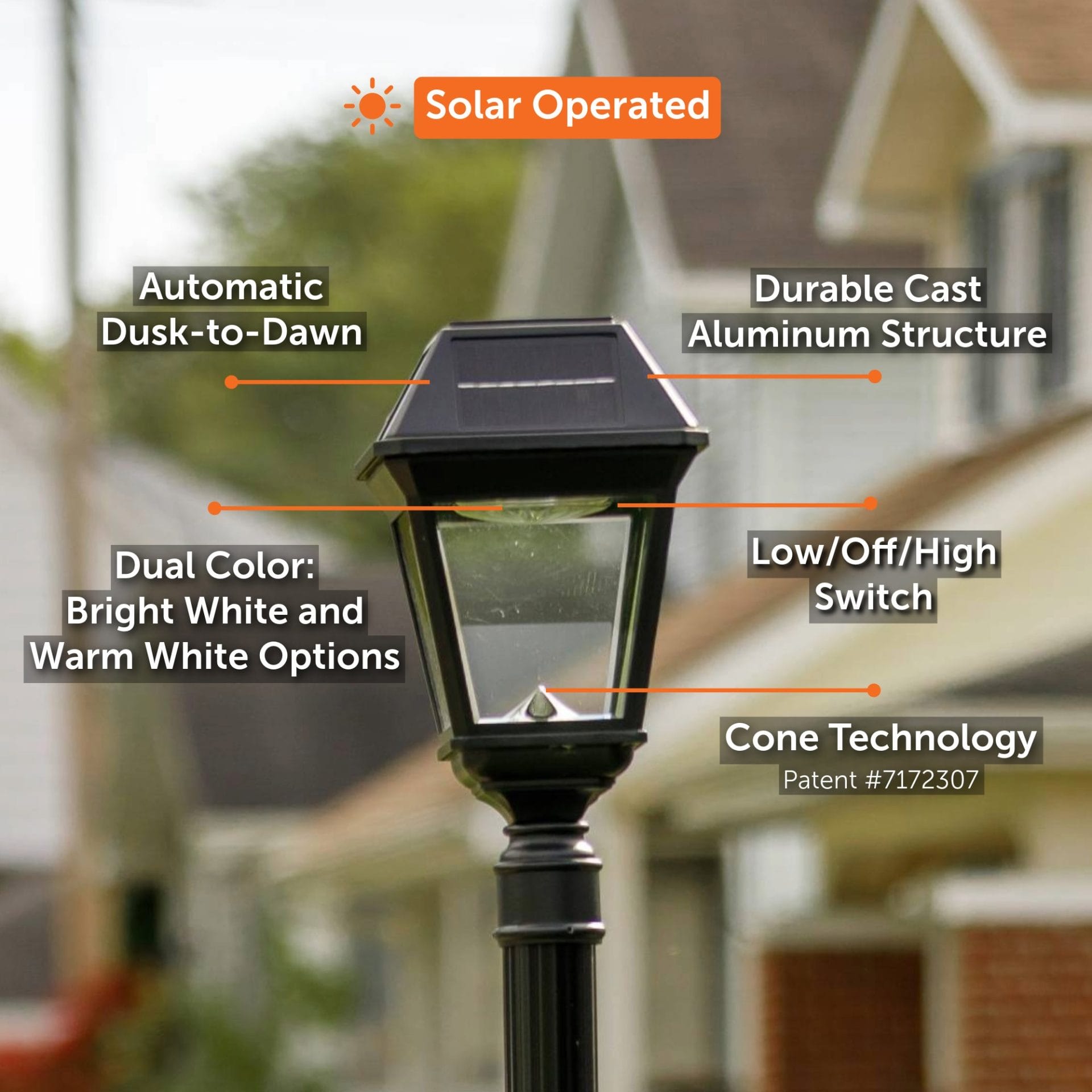 Imperial III Commercial Solar Post Light / Commercial Solar Lamp Post for walkways, streets. Dual Color Settings (Warm white and Bright White) and Easy Installation on a 3" Post - Infographic main