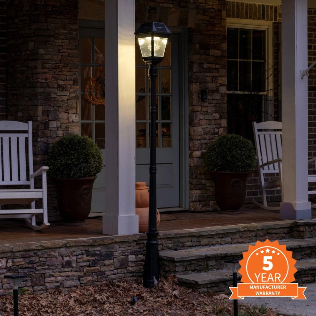 Imperial III Commercial Solar Post Light / Commercial Solar Lamp Post for walkways, streets. Dual Color Settings (Warm white and Bright White) and Easy Installation on a 3" Post - Application image dusk 1