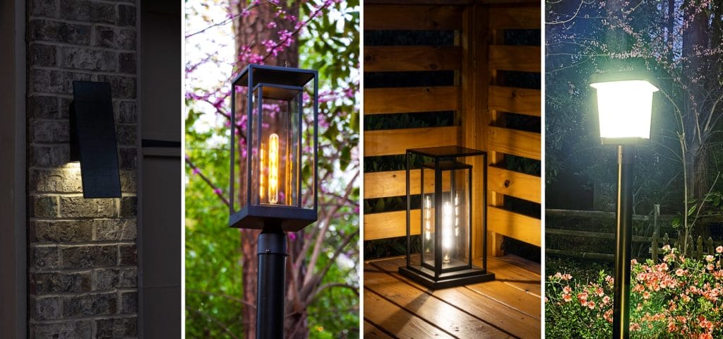 Solar LED accent light illuminating patio pillars and outdoor seating