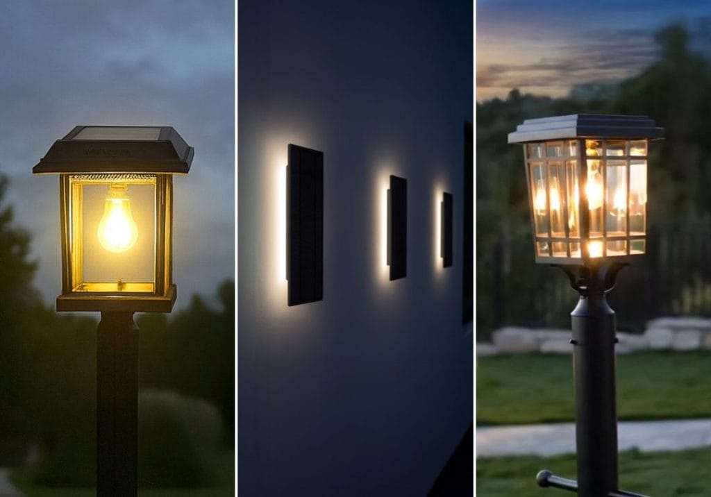 Solar wall light illuminating modern exterior wall with halo backlight