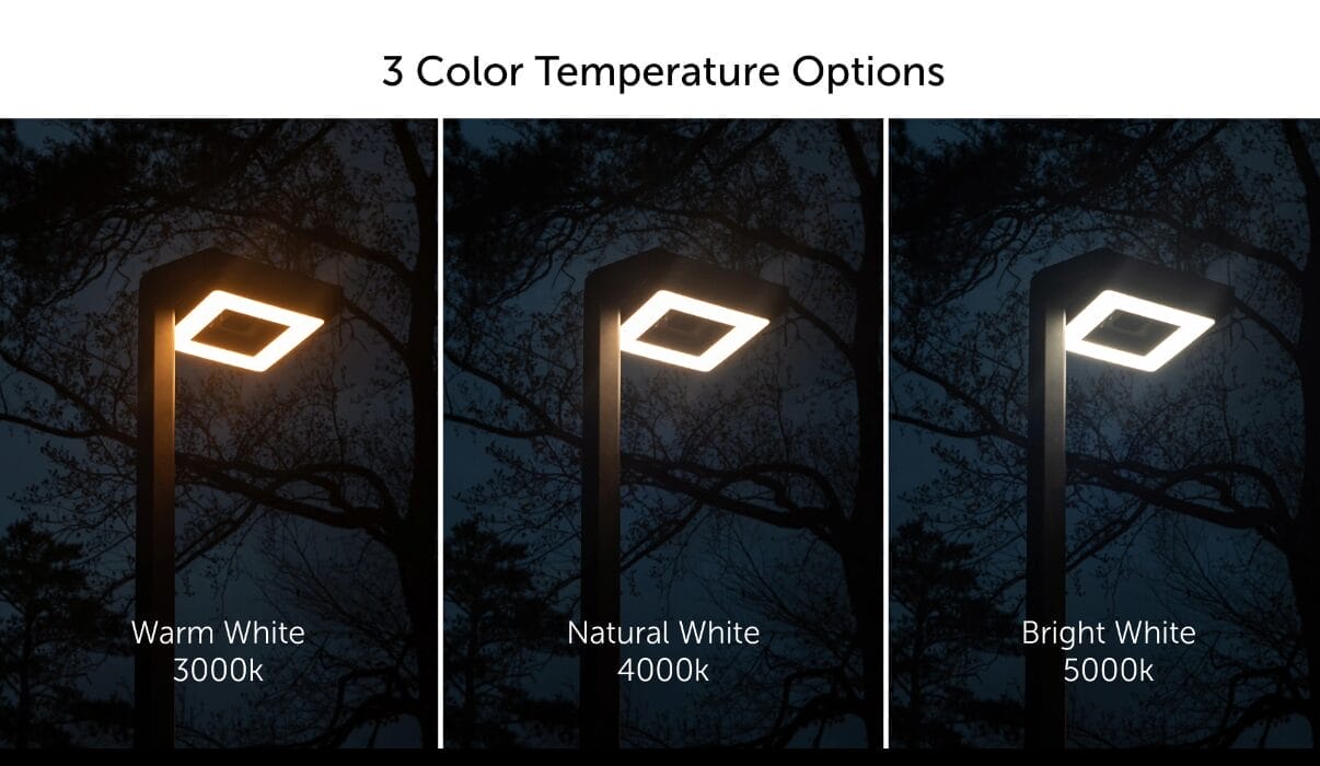 Gama Sonic contemporary solar lamp post illuminating modern walkway 3 color options 8 ft pole